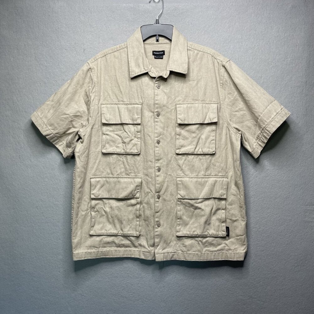 Mens Standard Cloth Beige Button Down Utility Cargo Shirt L Heavyweight